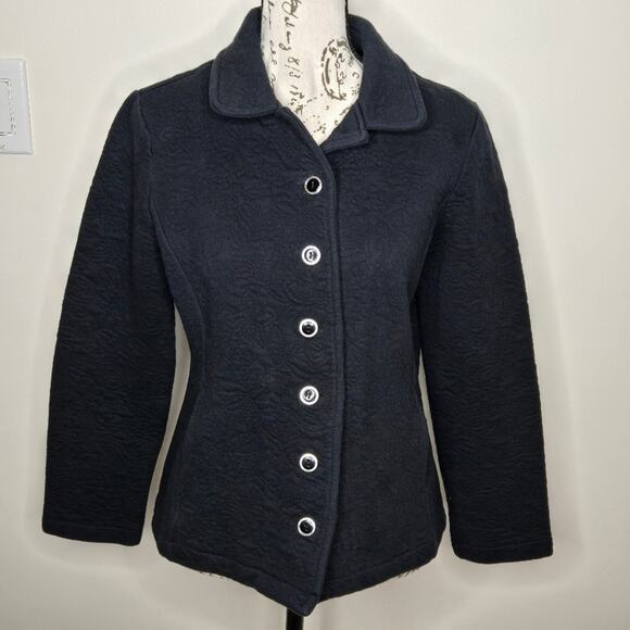 ISAAC MIZRAHI Navy Blue Floral Pattern  Quilted Jacket Collared Button Front S - Picture 1 of 9